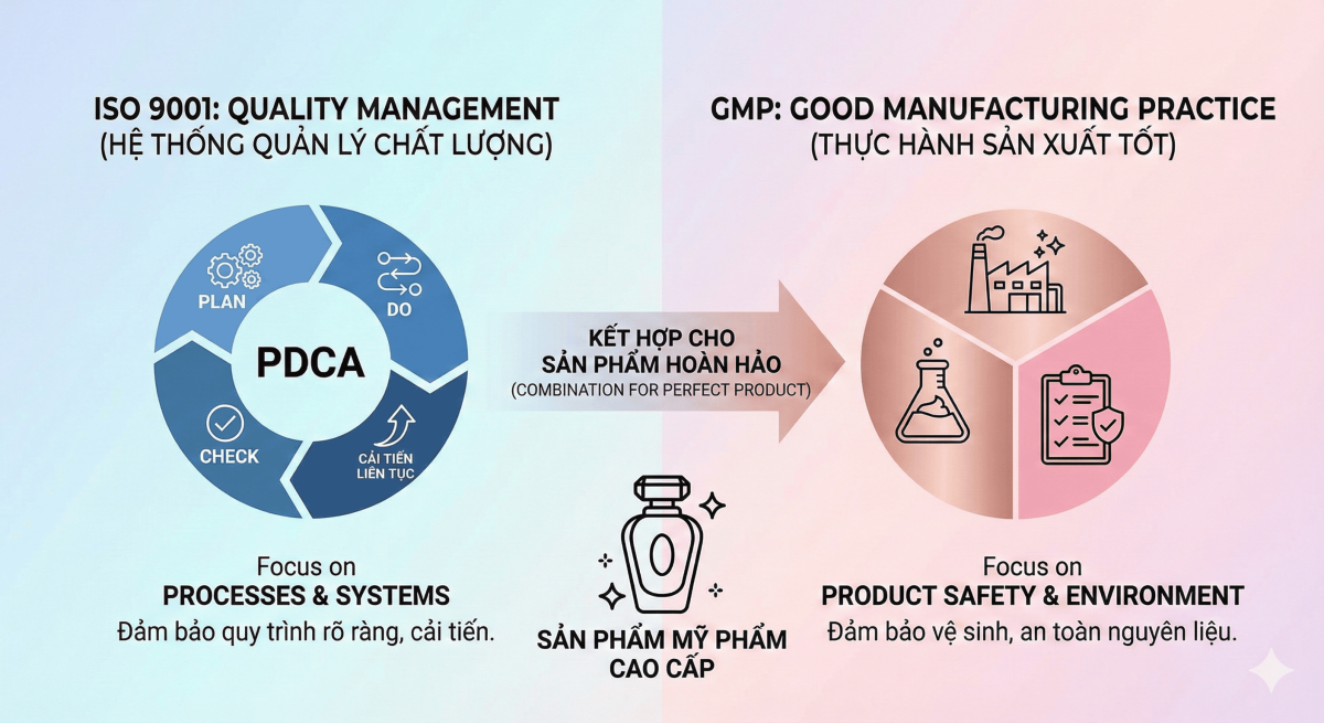 Bảng so sánh sự khác biệt giữa tiêu chuẩn ISO 9001:2015 và cGMP trong sản xuất mỹ phẩm.