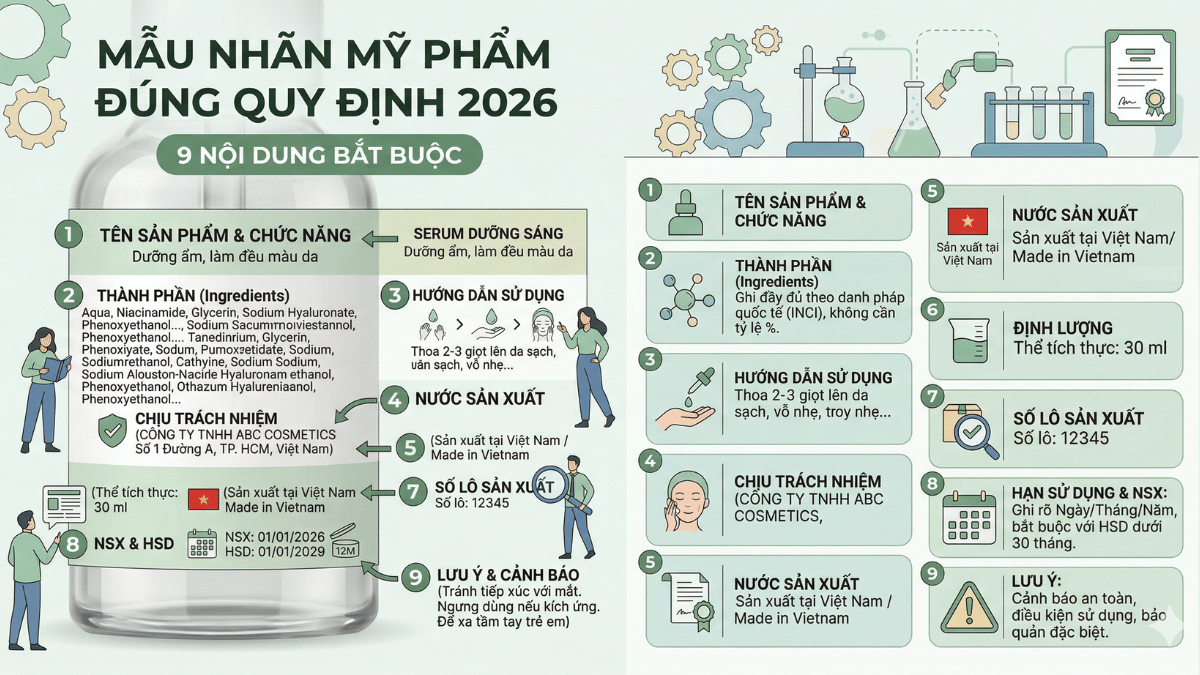 Quy định ghi nhãn mỹ phẩm 2026: Hướng dẫn chi tiết từ A-Z (Cập nhật mới nhất) 1 Mẫu nhãn mỹ phẩm đúng quy định 2026 với 9 nội dung bắt buộc