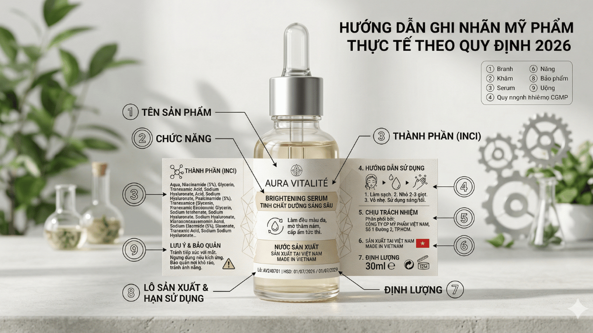 Quy định ghi nhãn mỹ phẩm 2026: Hướng dẫn chi tiết từ A-Z (Cập nhật mới nhất) 3 Vi tri 9 noi dung bat buoc tren nhan my pham