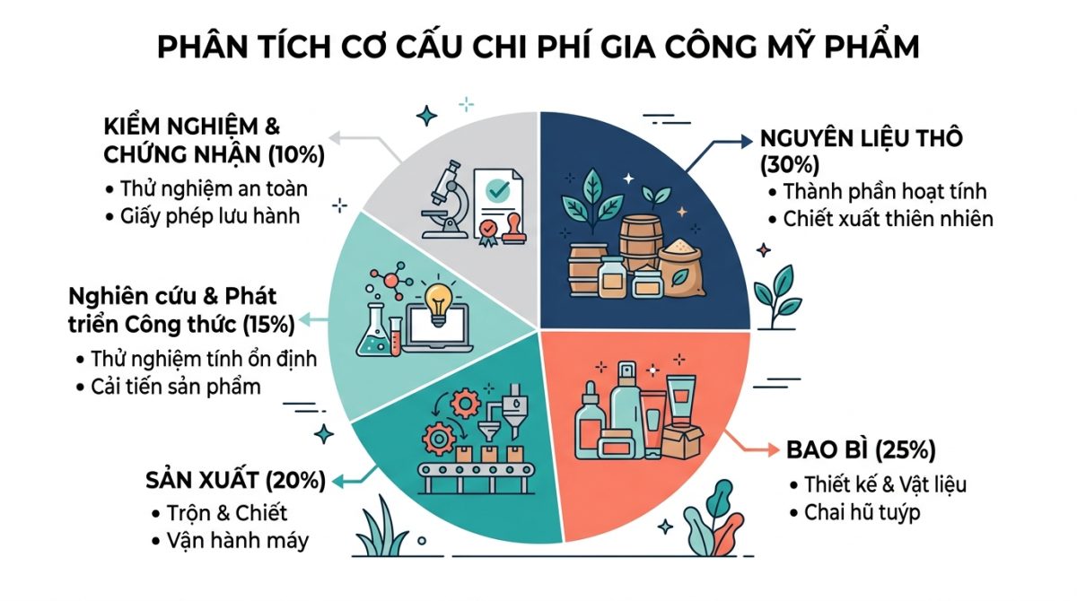 Biểu đồ tròn thể hiện cấu trúc chi phí: R&D (15%), Nguyên liệu (30%), Sản xuất (20%), Bao bì (25%), Kiểm nghiệm & Công bố (10%)