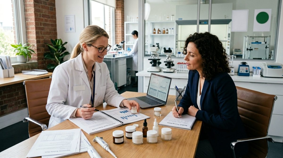 Consultant reviewing skincare 202604271139