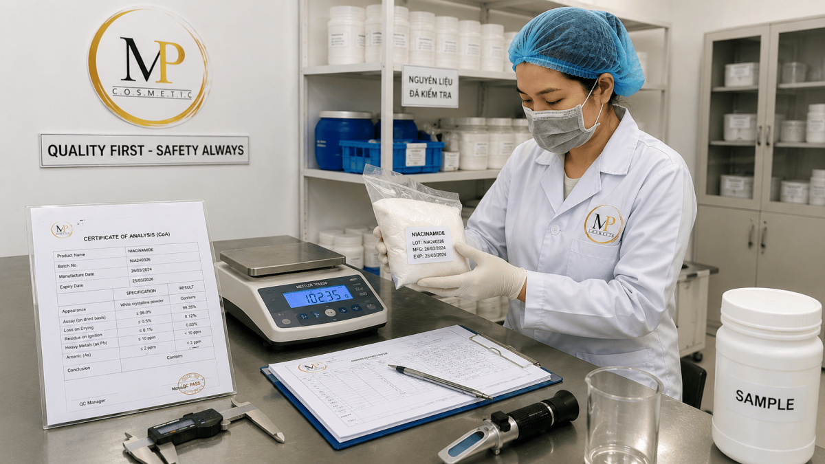 Ảnh thực tế tại MP — nhân viên QC đang kiểm tra nguyên liệu nhập kho, có CoA trên bàn, cân điện tử, dụng cụ đo