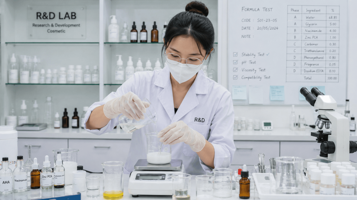 nhân viên R&D mỹ phẩm pha chế công thức trong phòng lab
